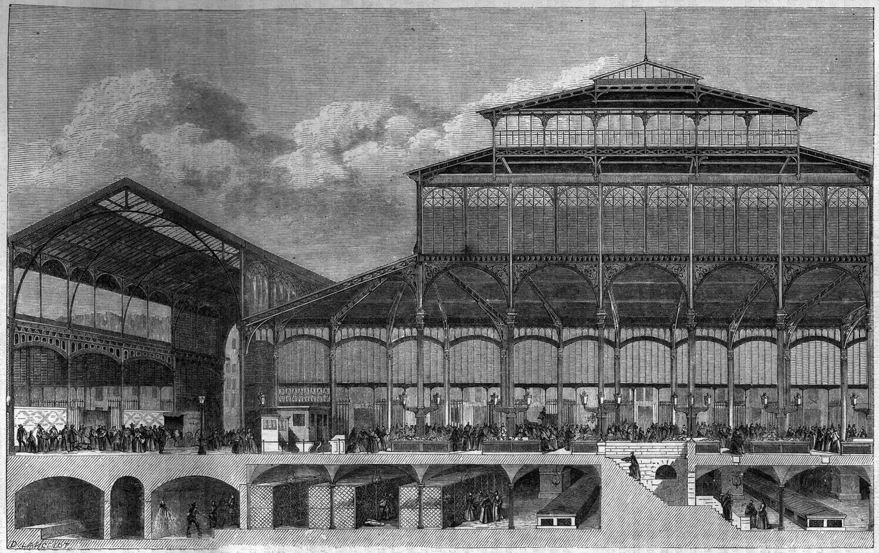 Průřez Halles de Paris v roce 1862. Rytina od Lancelota v „“Le Magasin malebné““ od Dieudonne Auguste Lancelot