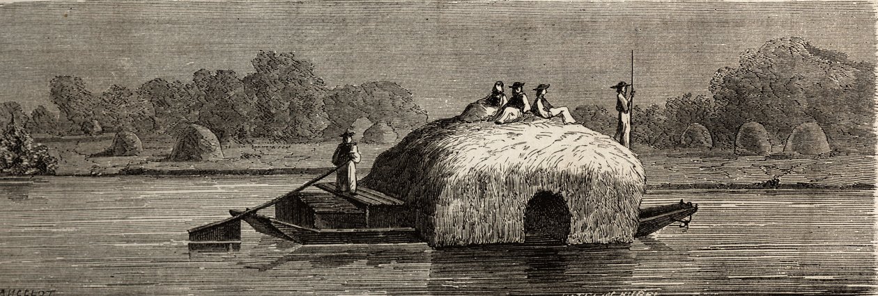 Řezání, sklizeň a přeprava krmiva na březích Dunaje. Kresba Lancelota pro ilustraci jeho cesty z Paříže do Bukurešti v roce 1860. Rytina „“ Le tour du monde“, editoval Edouard Charton od Dieudonne Auguste Lancelot