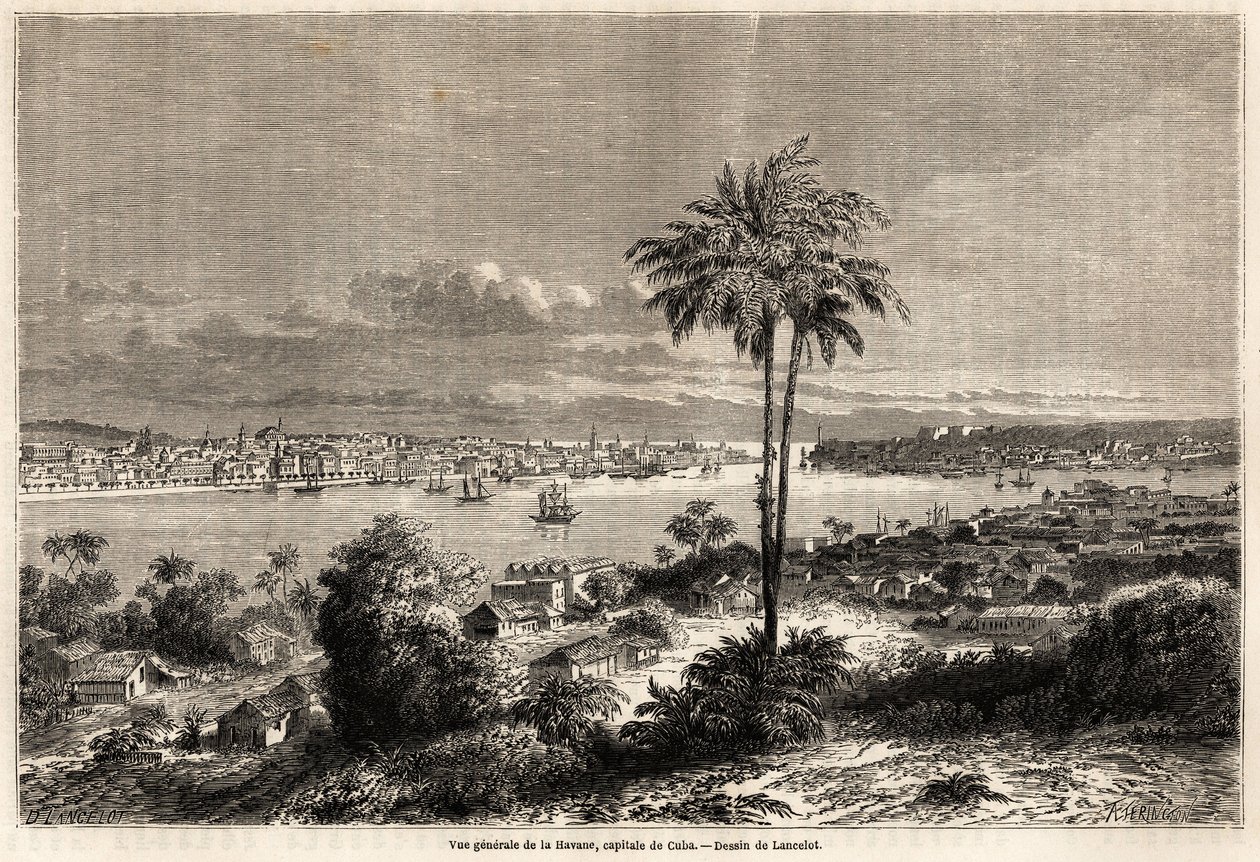 Celkový pohled na Havanu, hlavní město Kuby, kresba Lancelota pro ilustraci plavby na ostrov Kuba v roce 1859 od Richarda Dany (1815-1882). Rytina v „“ Le tour du monde, nouveau journal des voyages““ Paříž od Dieudonne Auguste Lancelot