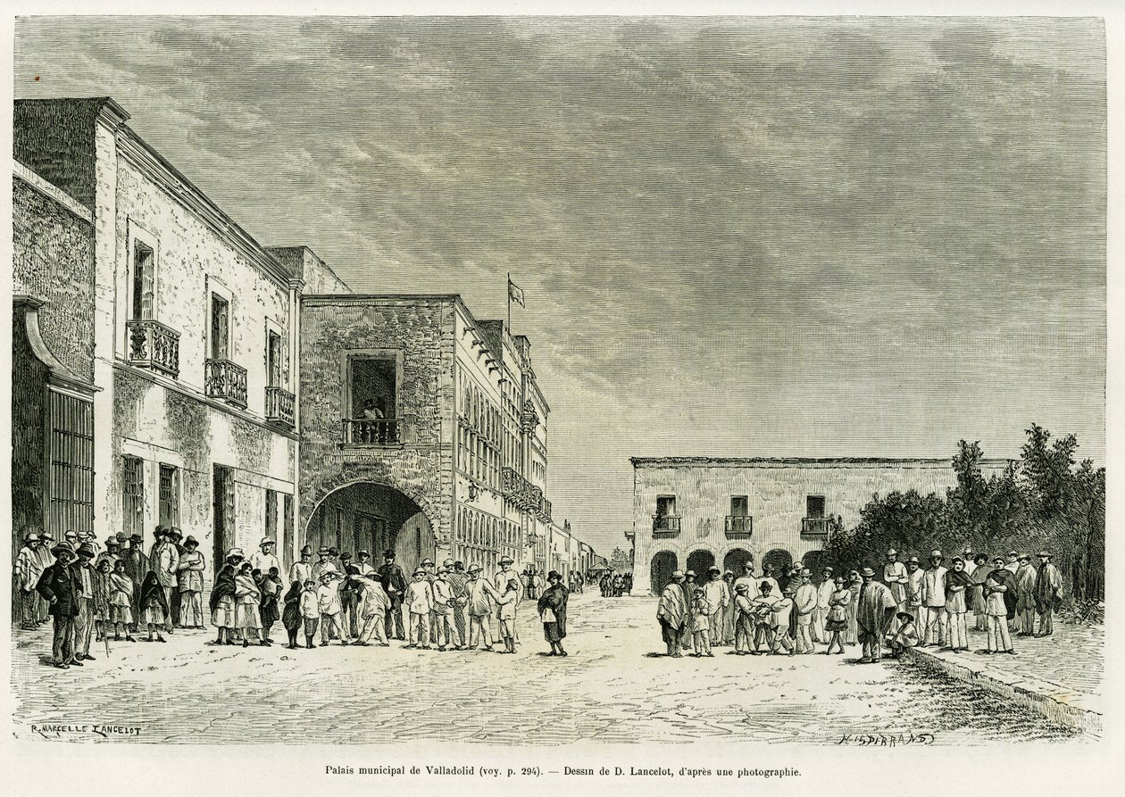 Městský palác Valladolid. Rytina od Lancelota k ilustraci příběhu Má poslední výprava na Yucatan, od Desire Charnay, v le tour du monde 1887, režie Edouard Charton (1807-1890), Hachette, Paříž. od Dieudonne Auguste Lancelot
