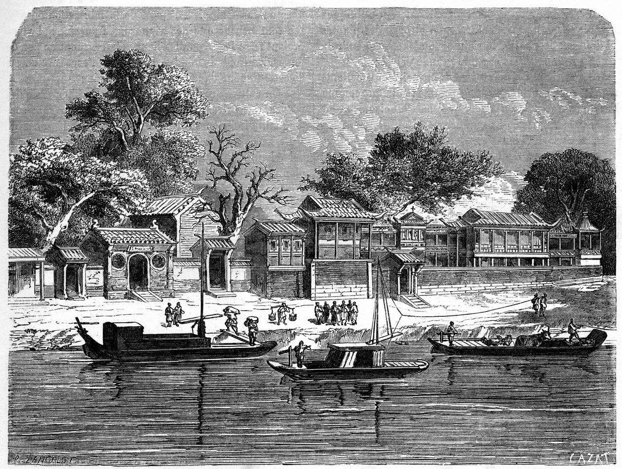Palác navržený pro francouzské misionáře v Tien Tsin (Tien-Tsin, Tianjin), Čína. Rytina Lancelot, v „“Le Tour du Monde, Nouveau journal des Voyages“, editoval Edouard Charton, Paříž od Dieudonne Auguste Lancelot