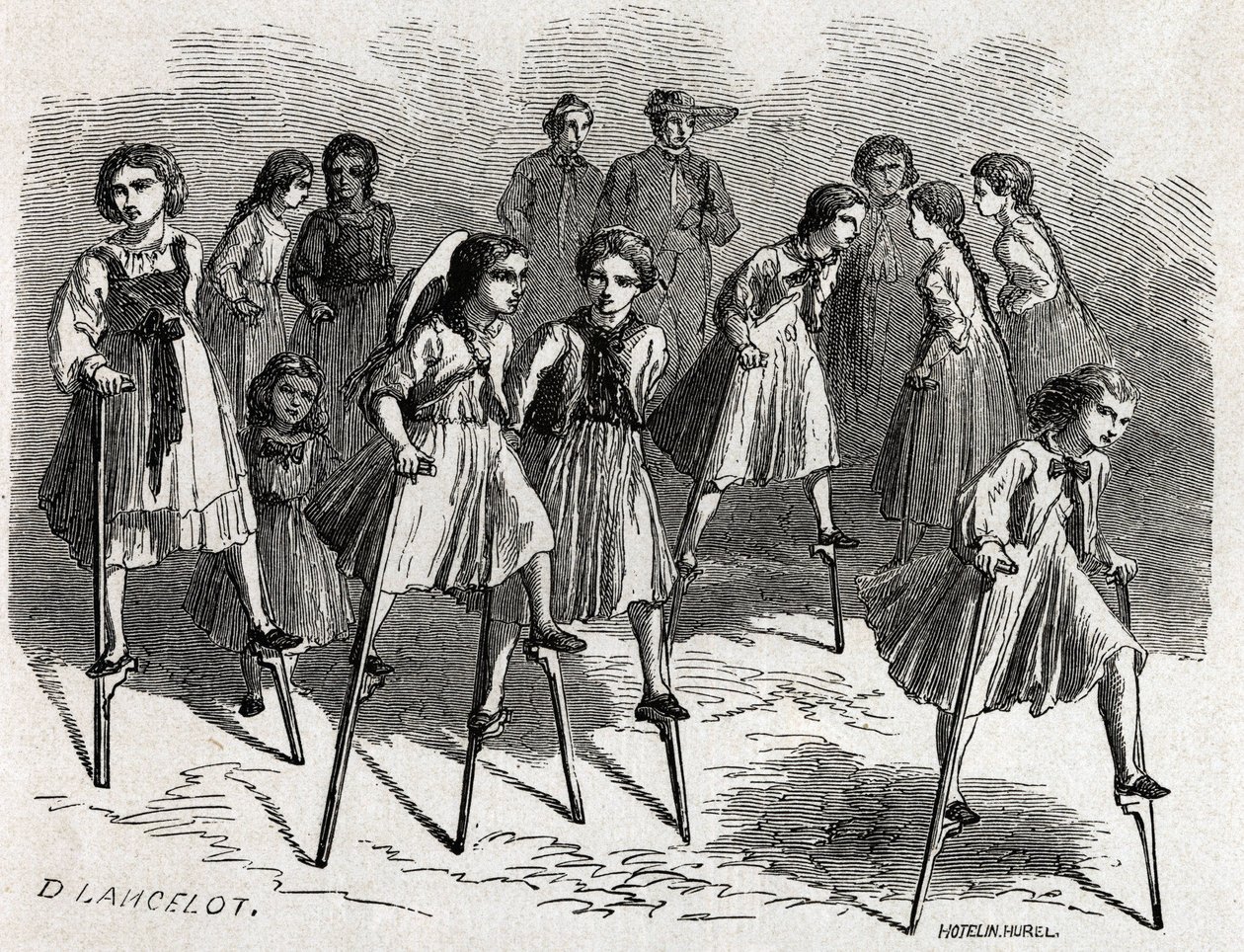 Hra echasse v Ulmu, navržená Lancelotem, aby ilustrovala cestu Victora Duruye z Paříže do Bukurešti v roce 1860. Rytina „“Le tour du monde“, editoval Edouard Charton od Dieudonne Auguste Lancelot
