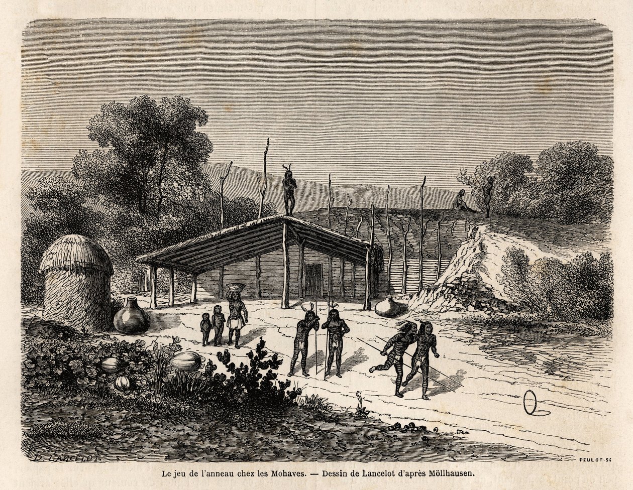 Hra o prsten mezi indiány Mohaves, kresba Lancelota, k ilustraci plavby Mississippi do Tichého oceánu v letech 1853-54 od Baudouina Mollhausena (1825-1905). Rytina v „“ Le tour du monde, nouveau journal des voyages““ Paříž od Dieudonne Auguste Lancelot