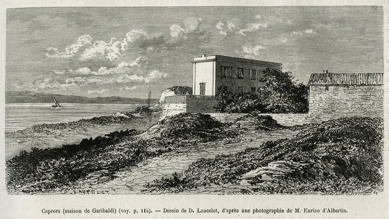Dům Giuseppe Garibaldiho (1807-1882) v La Caprera (Sardinie), vyrytý podle kresby D. Lancelota, pro ilustraci příběhu dnešní Sýrie, panem Lortetem, děkanem lékařské fakulty v Lyonu, pověřeným vědecká mise ministerstva o od Dieudonne Auguste Lancelot