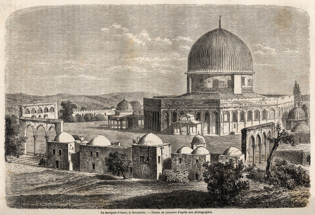 Omarova mešita, postavená v roce 691 v Jeruzalémě, kresba Lancelota, pro ilustraci cesty pana Bidy do Palestiny v roce 1856. Rytina v „“ Le tour du monde, nouveau journal des voyages““ Paříž od Dieudonne Auguste Lancelot