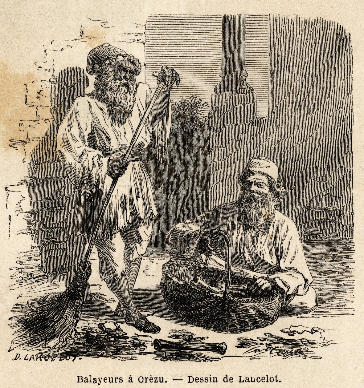 Zametači v Orezu (Rumunsko). Rytina k ilustraci plavby z Paříže do Bukurešti od Lancelota, kreslíře, v roce 1860, publikovaná v „Le tour du monde, nouveau journal des voyages“, pod vedením Edouarda Chartona od Dieudonne Auguste Lancelot