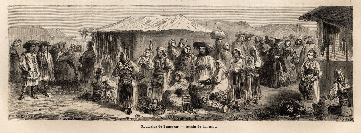 Chodící obyvatelstvo Tesmevaru (nebo Temešváru) v Rumunsku. Rytina k ilustraci plavby z Paříže do Bukurešti od Lancelota, kreslíře, v roce 1860, publikovaná v „Le tour du monde, nouveau journal des voyages“, pod vedením Edouarda Chartona od Dieudonne Auguste Lancelot