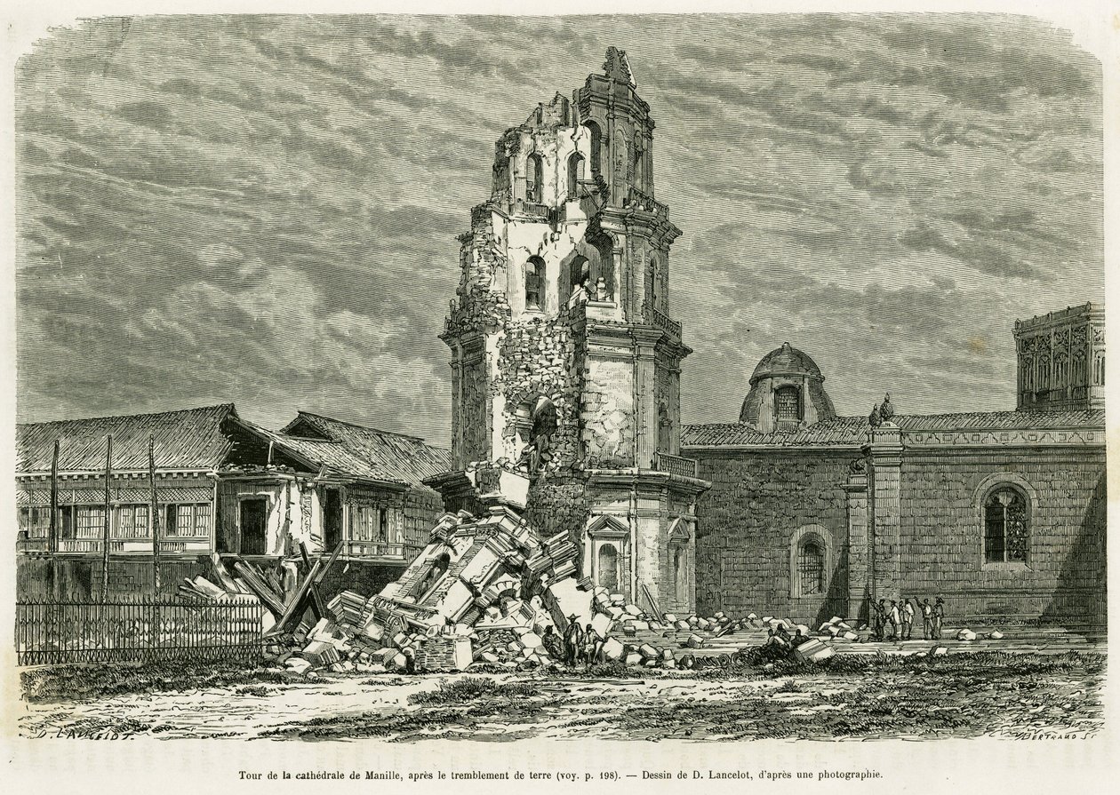 Věž Cathedrale of Manila, po zemětřesení 18. července 1880. Rytina Lancelota k ilustraci příběhu Lucon a Palaouan, šest let na Filipínách, Alfred Marche od Dieudonne Auguste Lancelot