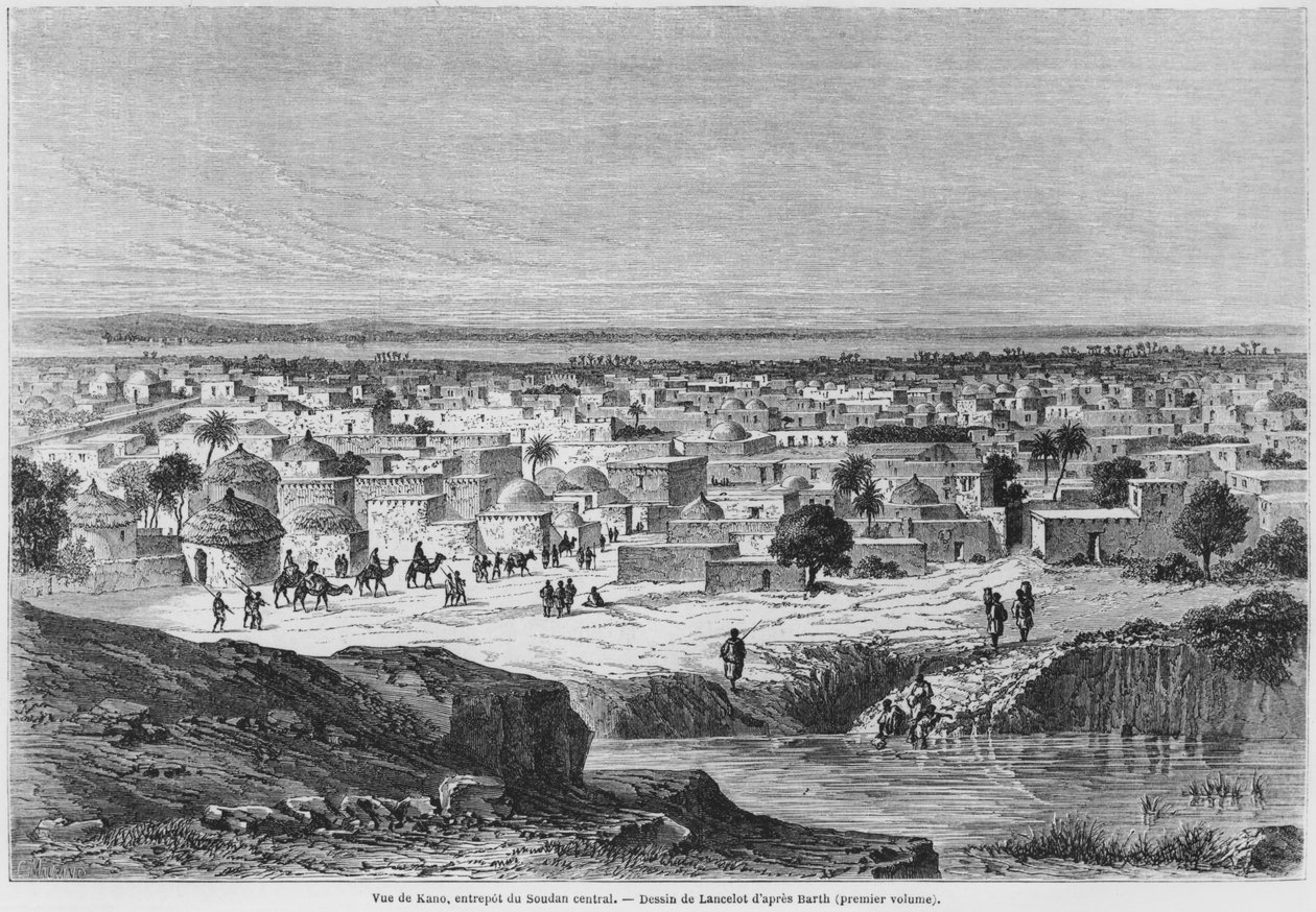 Pohled na Kano, Nigérie, z knihy „Cesty a objevy v severní a střední Africe“ od Heinricha Bartha (1821-65) publikované v „Le Tour du Monde“, vyryto Charlesem Maurandem (19. století) 1860 (rytina od Dieudonne Auguste Lancelot