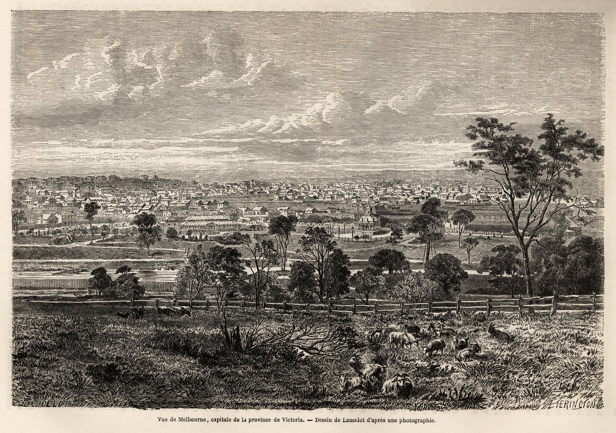 Pohled na Melbourne (Austrálie), kresba Lancelot, pro ilustraci vzpomínek francouzského squattera v Austrálii, v letech 1854-1859, od M. de Castella. Rytina v “”Le tour du monde”” 1861. Selva sbírka. od Dieudonne Auguste Lancelot