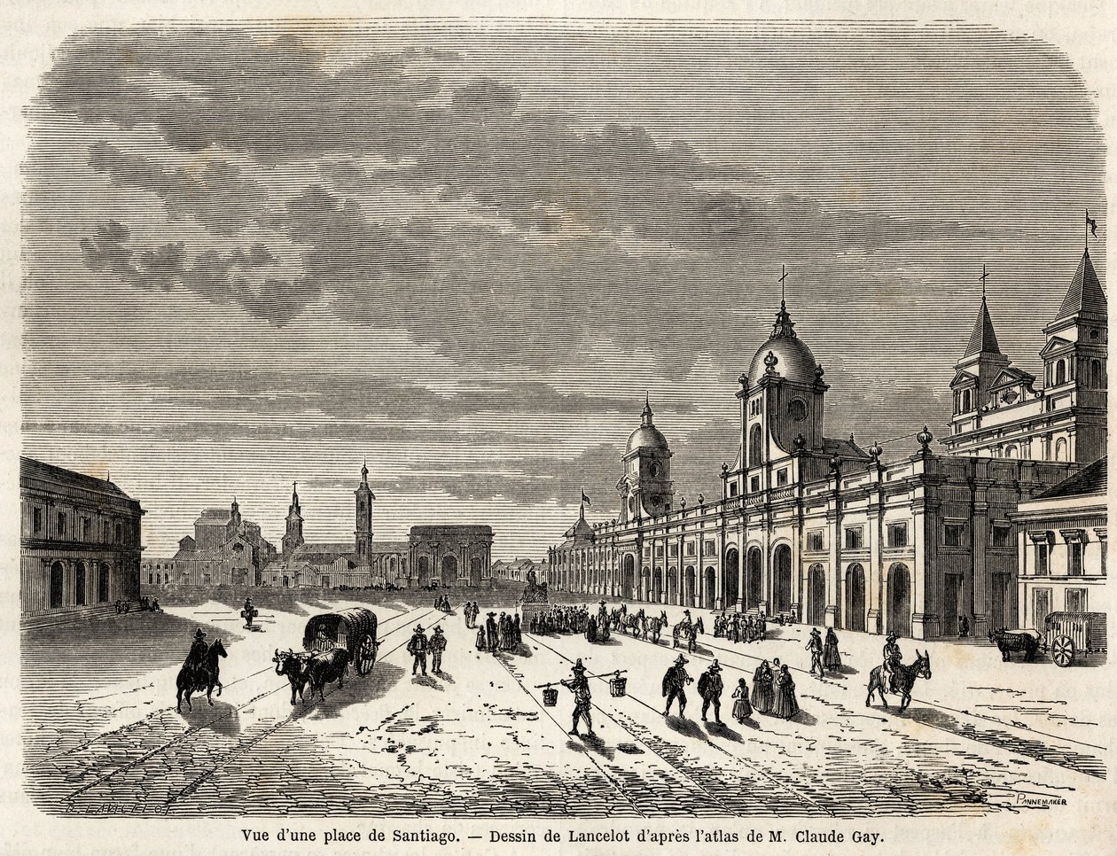 Pohled na náměstí v Santiagu (Chile), kresba Lancelot, pro ilustraci cesty do Jižní Ameriky, v roce 1823, Giovanni Mastai Ferretti (1792-1878, budoucí Pius IX). Rytina v „“ Le tour du monde, nouveau journal des voyages““ Paříž od Dieudonne Auguste Lancelot