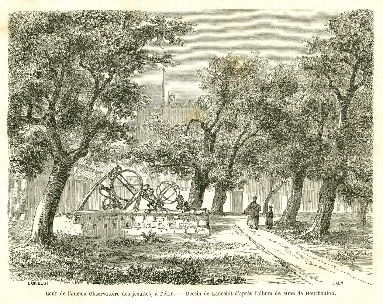 Pohled na nádvoří bývalé jezuitské observatoře v Pekinu (Peking), Čína. Rytina Lancelot, v „“Le Tour du Monde, Nouveau journal des Voyages“, editoval Edouard Charton, Paříž od Dieudonne Auguste Lancelot