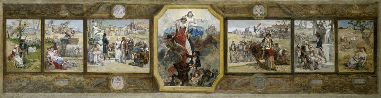 Skica svatební síně radnice 19. obvodu v Paříži: Tříbarevná vlajka, republikánské alegorie od Diogene Ulysse Napoleon Maillart