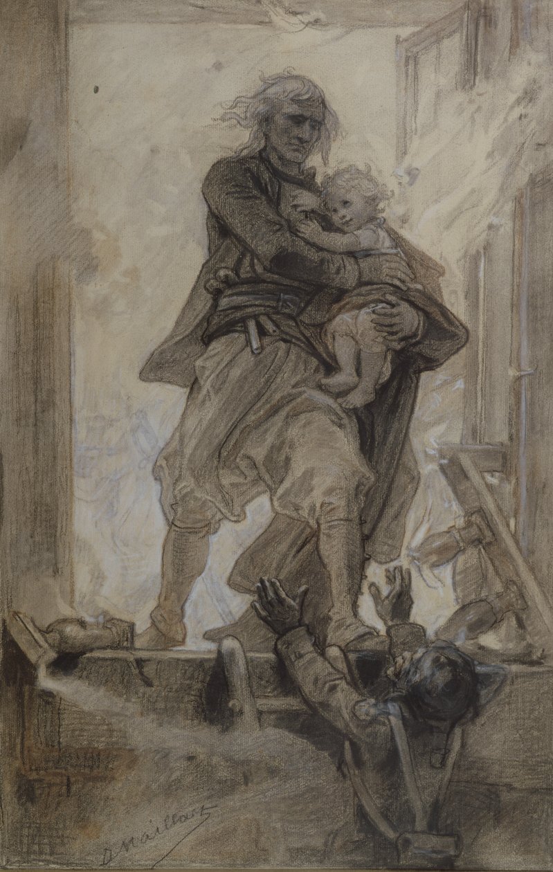 Markýz z Lantenacu zachraňující dítě, ilustrace z Quatre-vingt-treize od Victora Huga (1802-85) (tužka, pastelka a kvaš na papíře) od Diogene Ulysse Napoleon Maillart