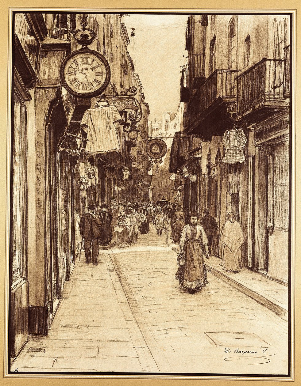 Plateria Street směrem k Angels Square, Barcelona (kresba) od Dionisio Baixeras Verdaguer