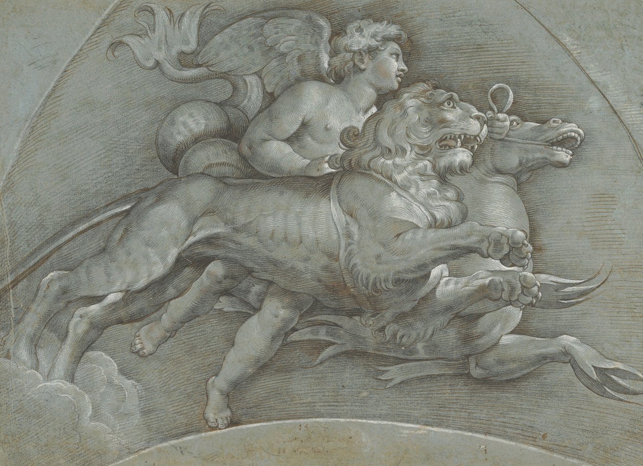 Okřídlený putto jedoucí na mořském koni a lvu podle Raphaela, verso..., 1574. od Dionisio Calvaert