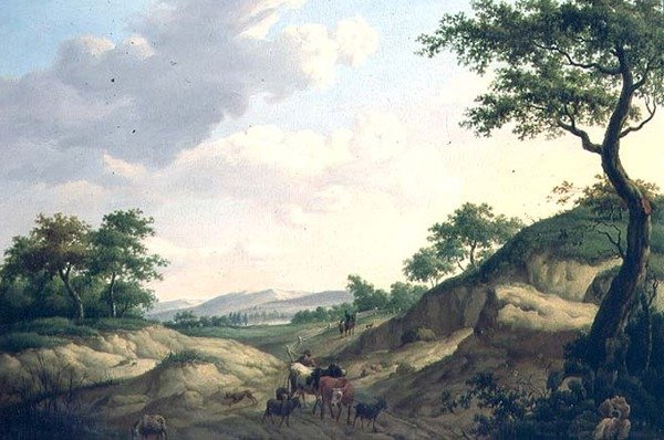 Zalesněná krajina s pastevci a zvířaty na skále od Dionys van Dongen