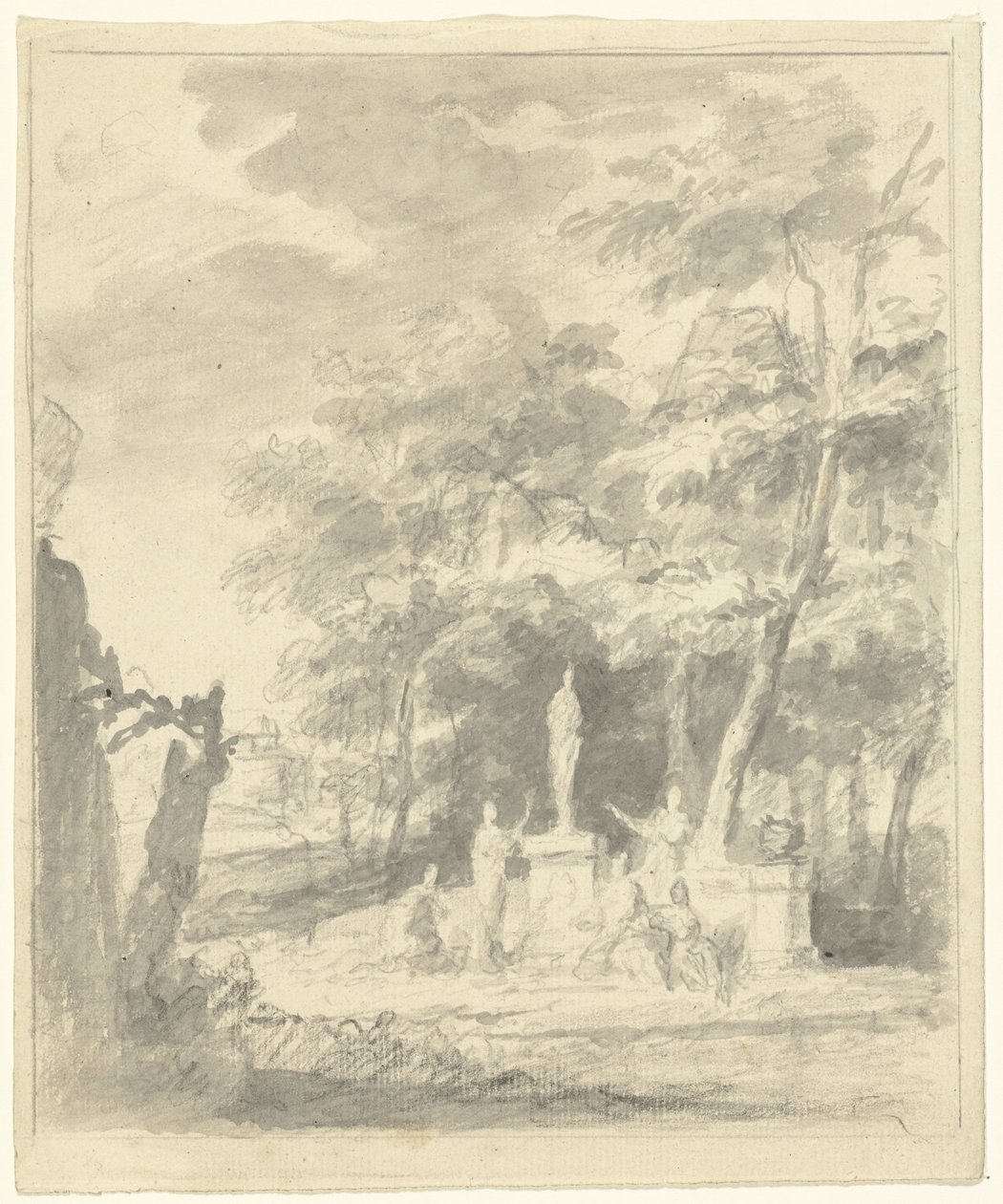 Arkádská krajina s postavami kolem sochy od Dionys van Nijmegen (possibly)