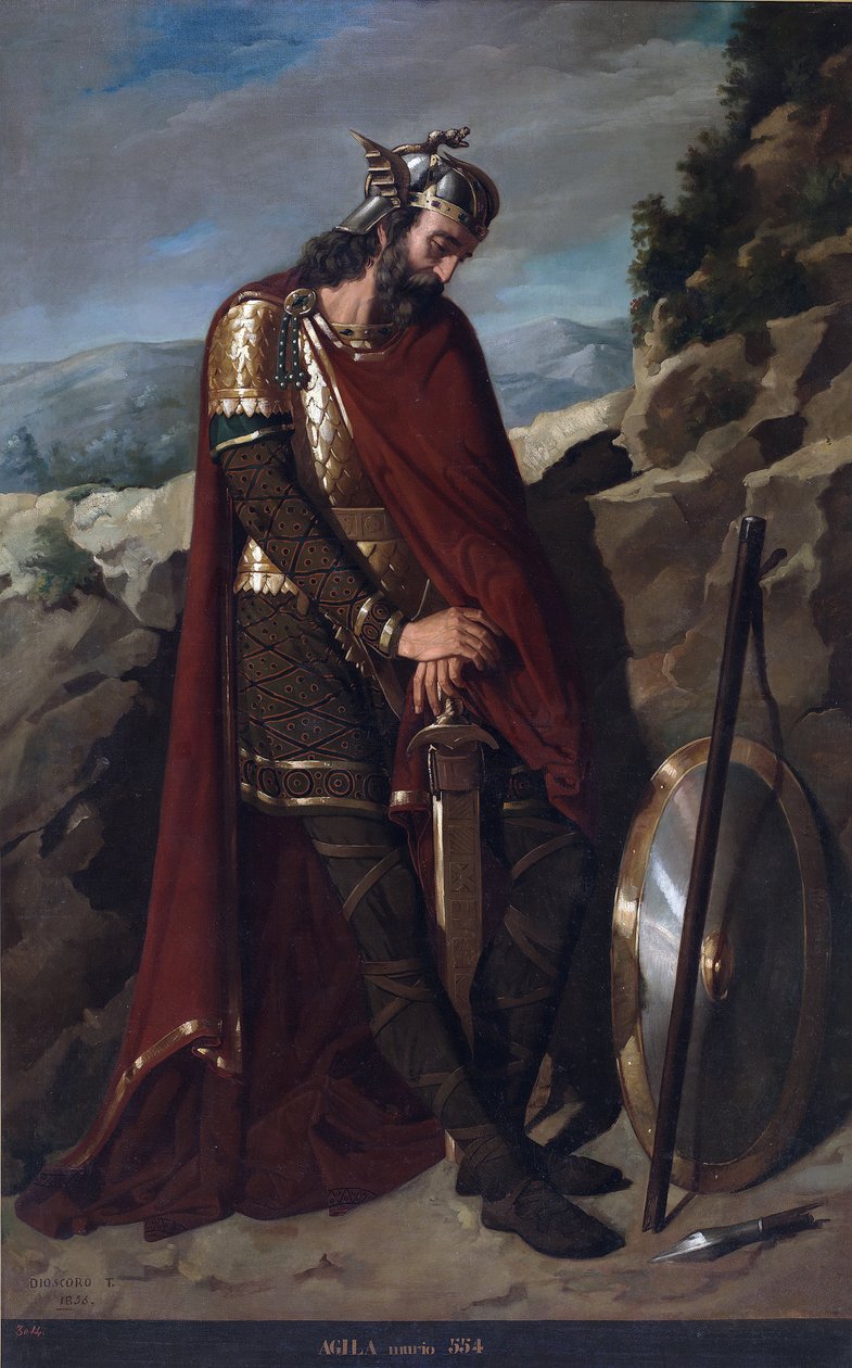 Portrét španělského krále Vizigóta Agily I. († 555) (vizigótský král Agila nebo Achila, Akhila, Aquila, Agil I) Obraz Dioscoro Teofilo Puebla Tolin (1831-1901) 1856 Dvorský palác, Madrid od Dioscoro Teofilo Puebla Tolin