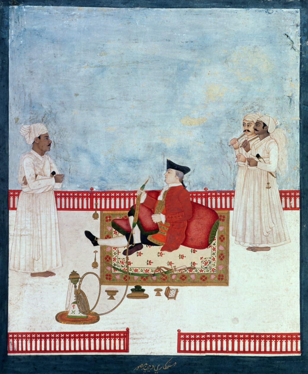 Evropan sedící na terase s obsluhou, kolem 1760-63 (indická miniatura) od Dip Chand