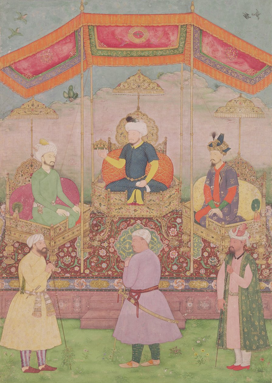 Mughalský císař Babur a jeho syn Humayan, indická miniatura z Rádžasthánu, 16. století od Dip Chand