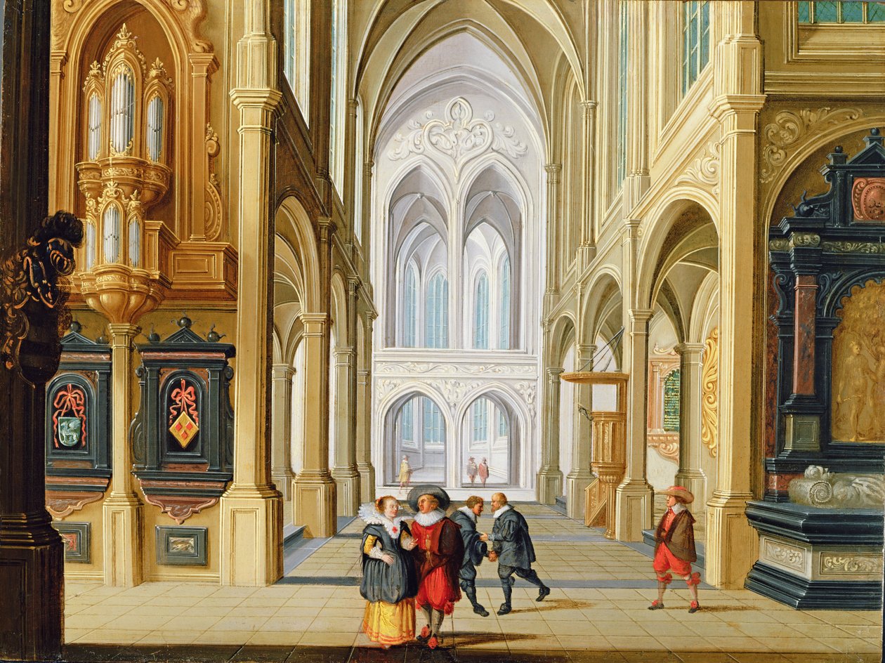 Elegantní postavy v gotickém kostele od Dirck van Deelen