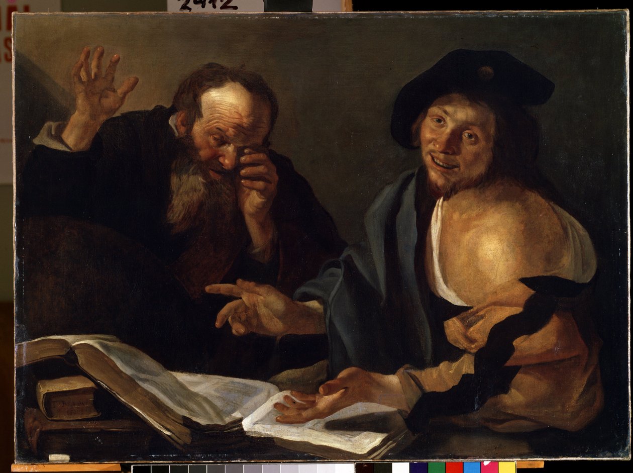 """"Hérakleitos a Démokritos"" Řečtí filozofové Hérakleitos z Efesu (Heraclitus) (535-475 př.nl) a Démokritos (Démokritos) (460-370 př.nl). Obraz Theodora van Baburena (Dirk Baburen) (1570/90-1623/4) Muzeum výtvarného umění Mikalo ze 17. století od Dirck Baburen van