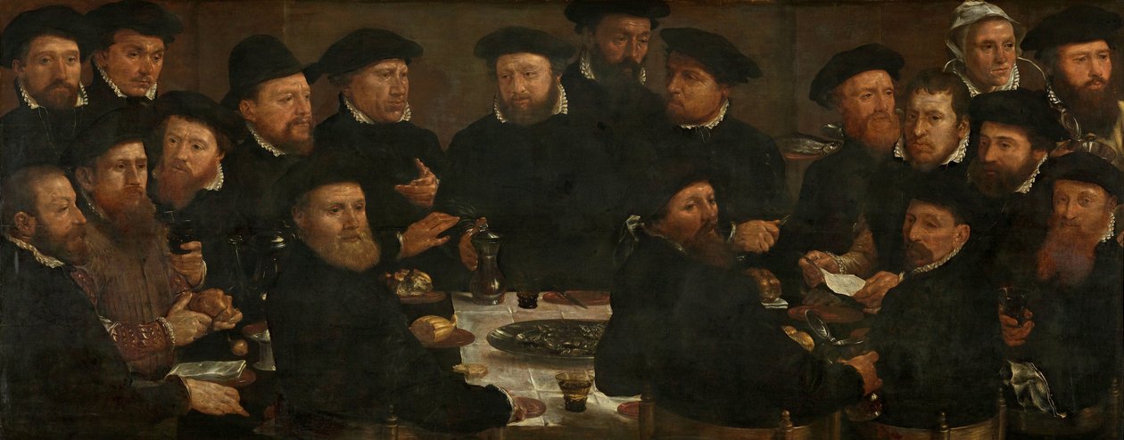 Banket osmnácti gardistů oddílu L, Amsterdam 1566, známý jako „Požírači okounů“ od Dirck Barendsz.