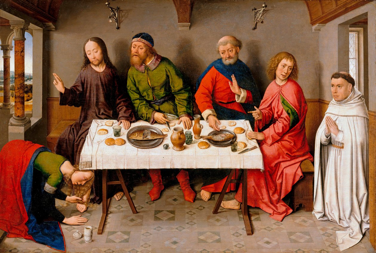 "Kristus u Šimona Farizea" (Kristus v domě Šimona Farizea) Marie Magdalena natírá Ježíšovy nohy mastí - Obraz od Dirka (Dierica) Boutse, dit le Vieux (1410/20-1475), c 1450 - Olej na dřevě, 40,5x61 - Staatliche Museen, Berl od Dirck Bouts