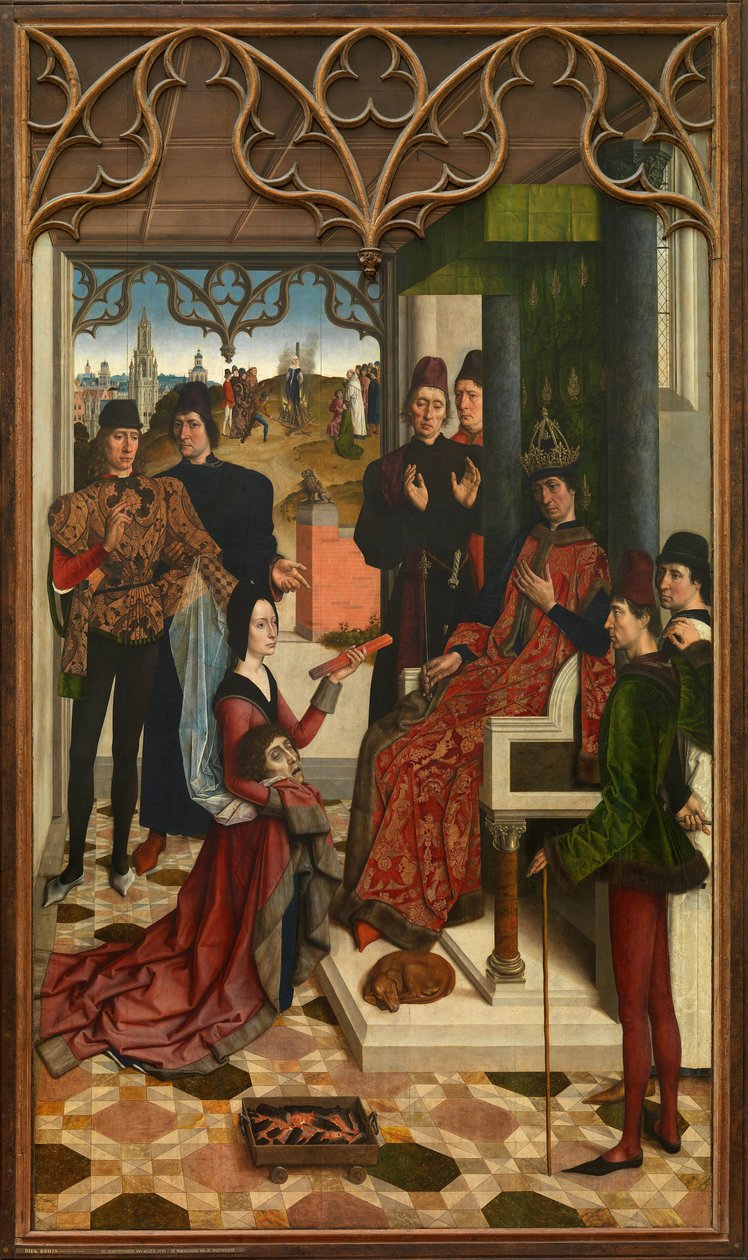 Ota III ze Svaté říše (Otho III, 980-1002) - Spravedlnost Otty III., utrpení ohněm (ordeal) - Soudce císaře Otty III: Ordeal by Fire - Bouts, Dirk (1410/20 -1475) - 1471-1475 - Olej na dřevě - 323,5x182 - Královská muzea výtvarného umění od Dirck Bouts