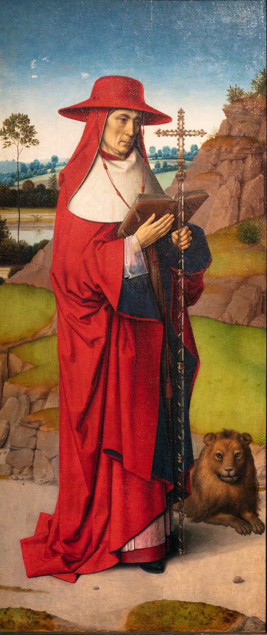 Farní kostel (Parochiekerk Sint-Pieter). Malování. Dirk Bouts. Umučení svatého Erasma. Přibližně 1460-1464. Detail. Levý panel od Dirck Bouts