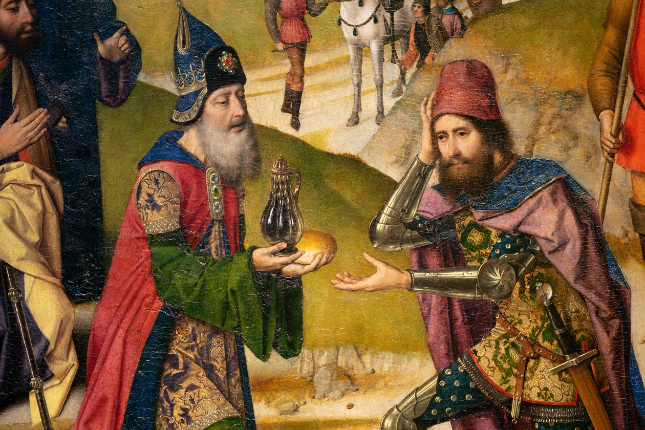 Farní kostel (Saint Peter Parish Church). malování. Poslední večeře. Dirk Bouts. 1464-1468. Detail. Levý panel. od Dirck Bouts