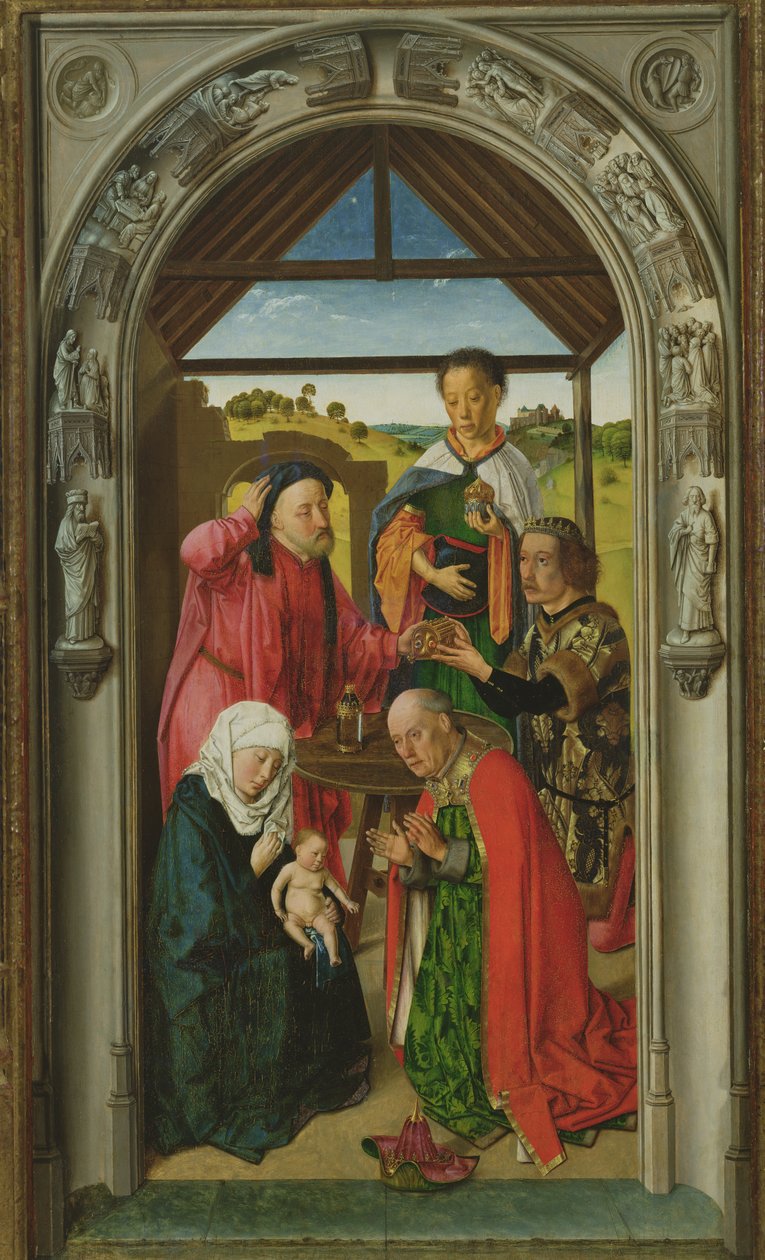 Klanění tří králů, c.1445 olej na detailu panelu z 36895 od Dirck Bouts