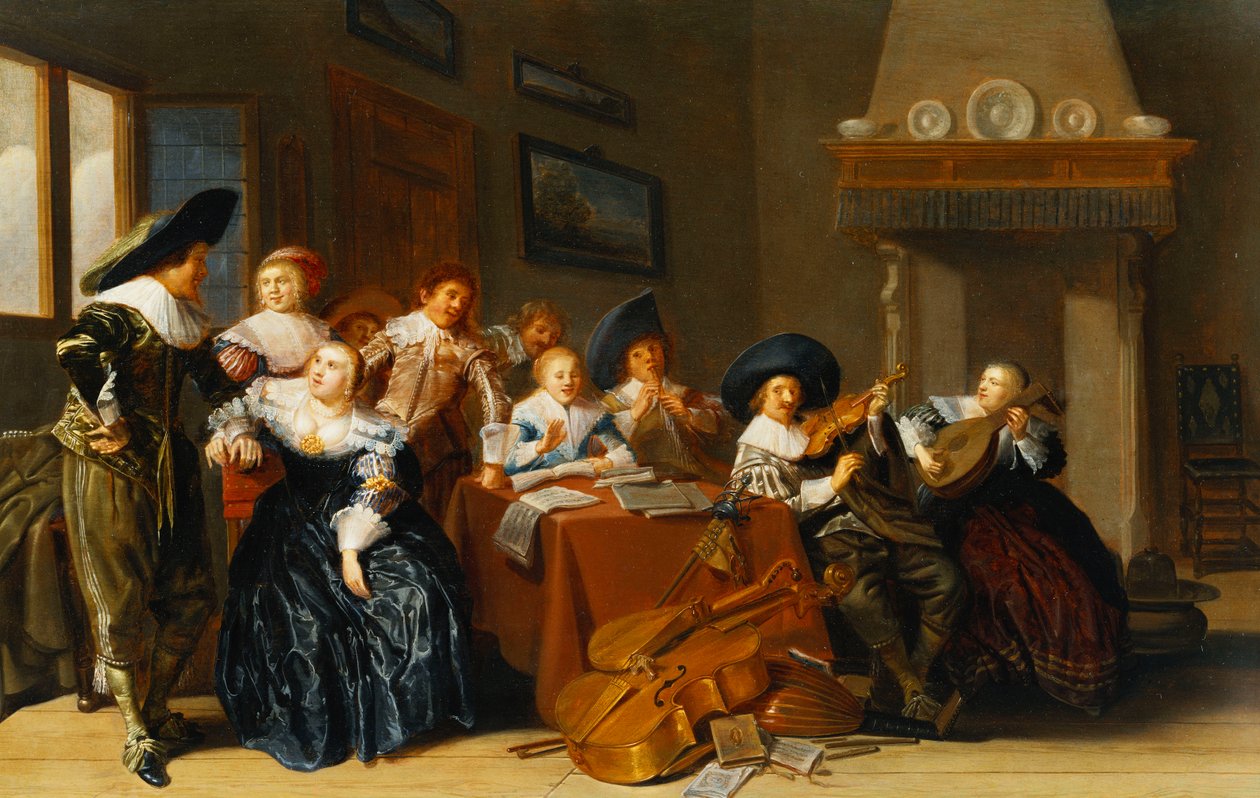 Elegantní postavy s nástroji sedící u stolu a mladá dáma zpívající v interiéru, 1637 od Dirck Hals