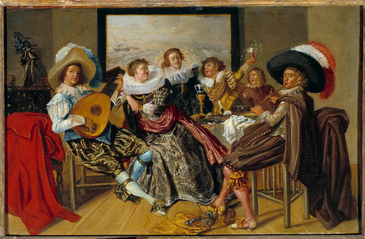 Galantní setkání hudebníků a mladých žen hrajících hudbu a zvedání sklenic na večírku. Obraz Dirka Halse (1591-1656) 1625 Ne. 0,3x0,46m od Dirck Hals