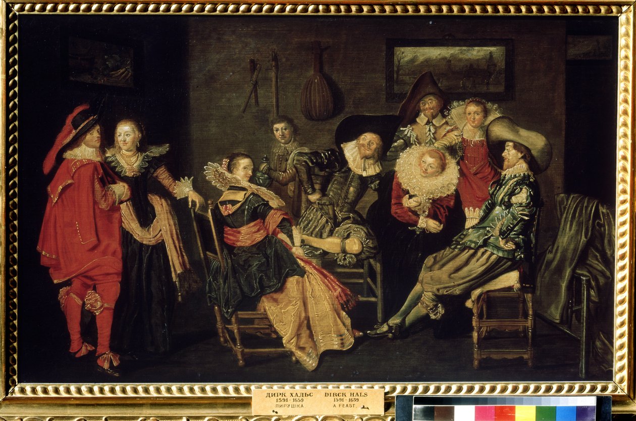 ""The Merry Company"" (The Merry Company) Večírek v bohaté holandské rezidenci, stůl elegantně oblečených měšťáků. Obraz Dircka Halse (1591-1656) 17. století Rozměr 41x66 cm Puškinovo muzeum, Moskva od Dirck Hals