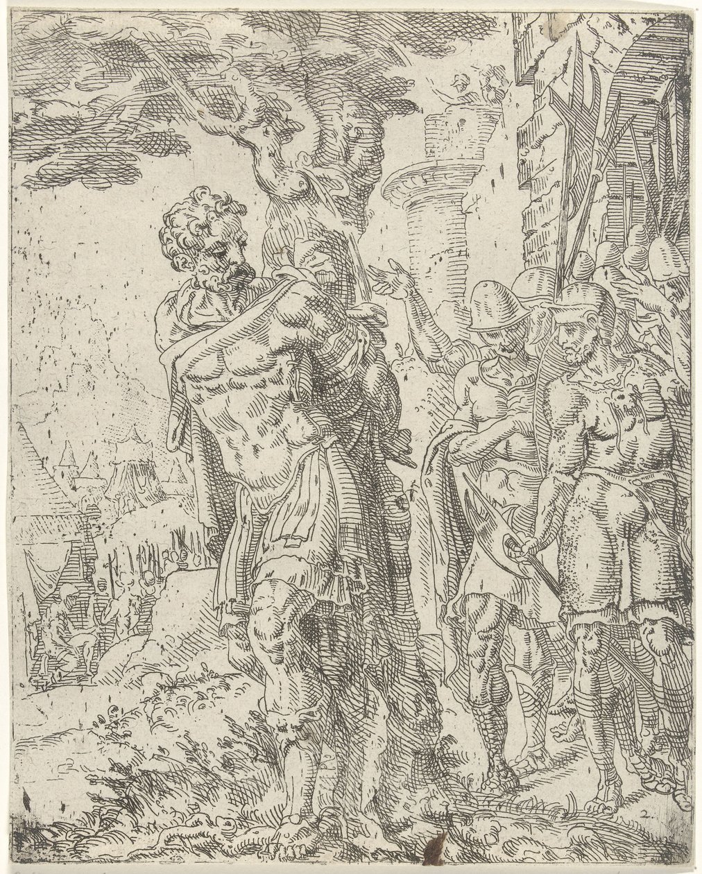 Achior přivázaný ke stromu Judit a Holofernes (název série) od Dirck Volckertsz. Coornhert (attributed to)