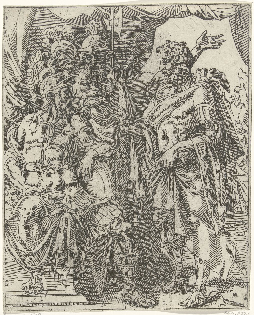 Achior vypráví Holofernovi o Izraelitech Judit a Holofernes (název série) od Dirck Volckertsz. Coornhert (attributed to)