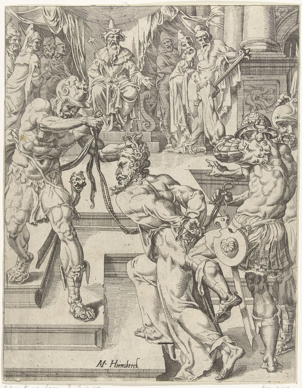 Kristus před Kaifášem Pád lidstva a vykoupení skrze život a umučení Krista (název série) od Dirck Volckertsz. Coornhert (attributed to)