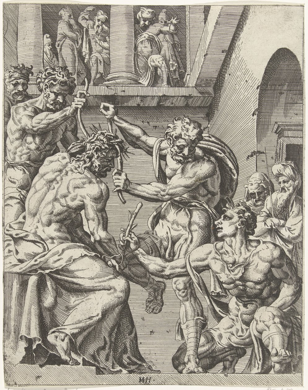 Kristus je korunován trnovou korunou Pád lidstva a vykoupení skrze život a umučení Krista (název série) od Dirck Volckertsz. Coornhert (attributed to)