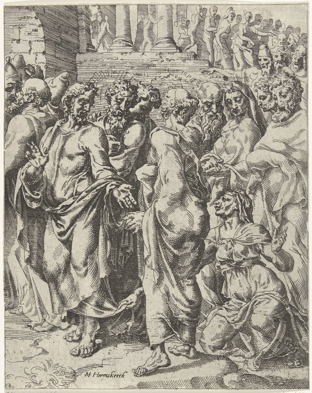 Uzdravení ženy, která trpěla krvácením Pád lidstva a vykoupení skrze život a umučení Krista (název série) od Dirck Volckertsz. Coornhert (attributed to)