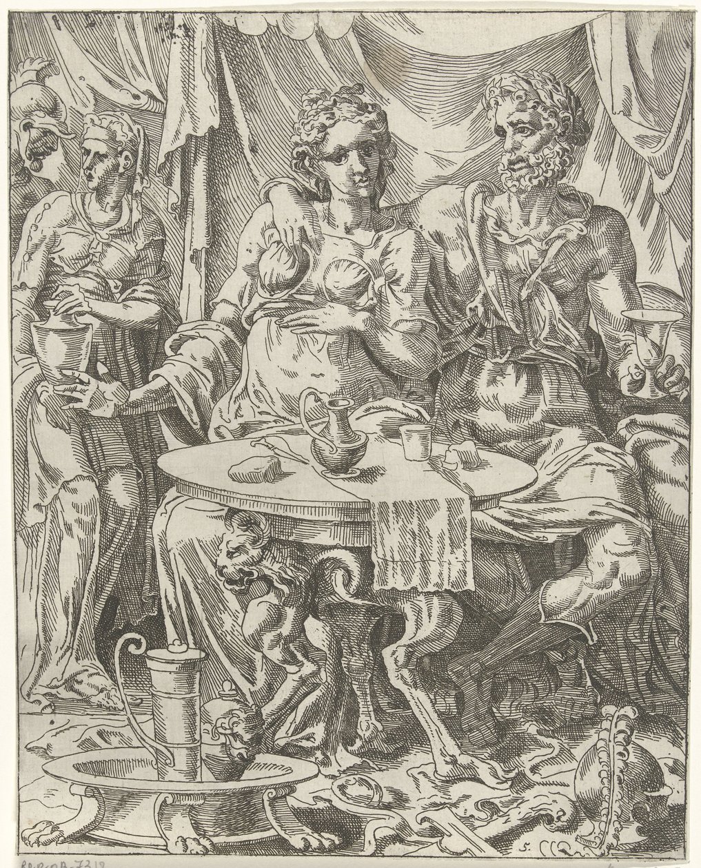 Judith a Holofernes si užívají hostinu Judith a Holofernes (název série) od Dirck Volckertsz. Coornhert (attributed to)