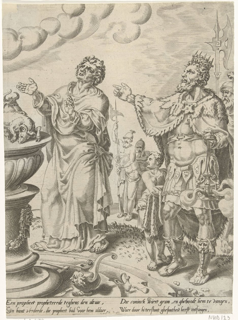 Král Jarobeám a muž Boží před oltářem Příběh neposlušného muže Božího (název série) od Dirck Volckertsz. Coornhert (attributed to)