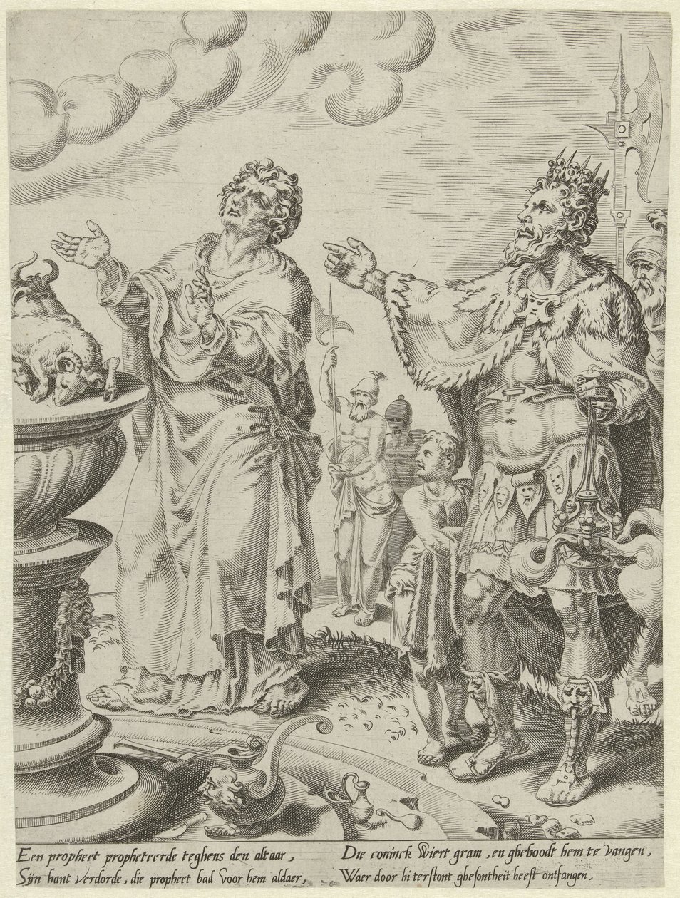 Král Jarobeám a muž Boží před oltářem Příběh neposlušného muže Božího (název série) od Dirck Volckertsz. Coornhert (attributed to)