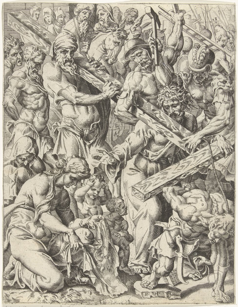 Nesení Kříže Pád lidstva a vykoupení skrze život a umučení Krista (název série) od Dirck Volckertsz. Coornhert (attributed to)