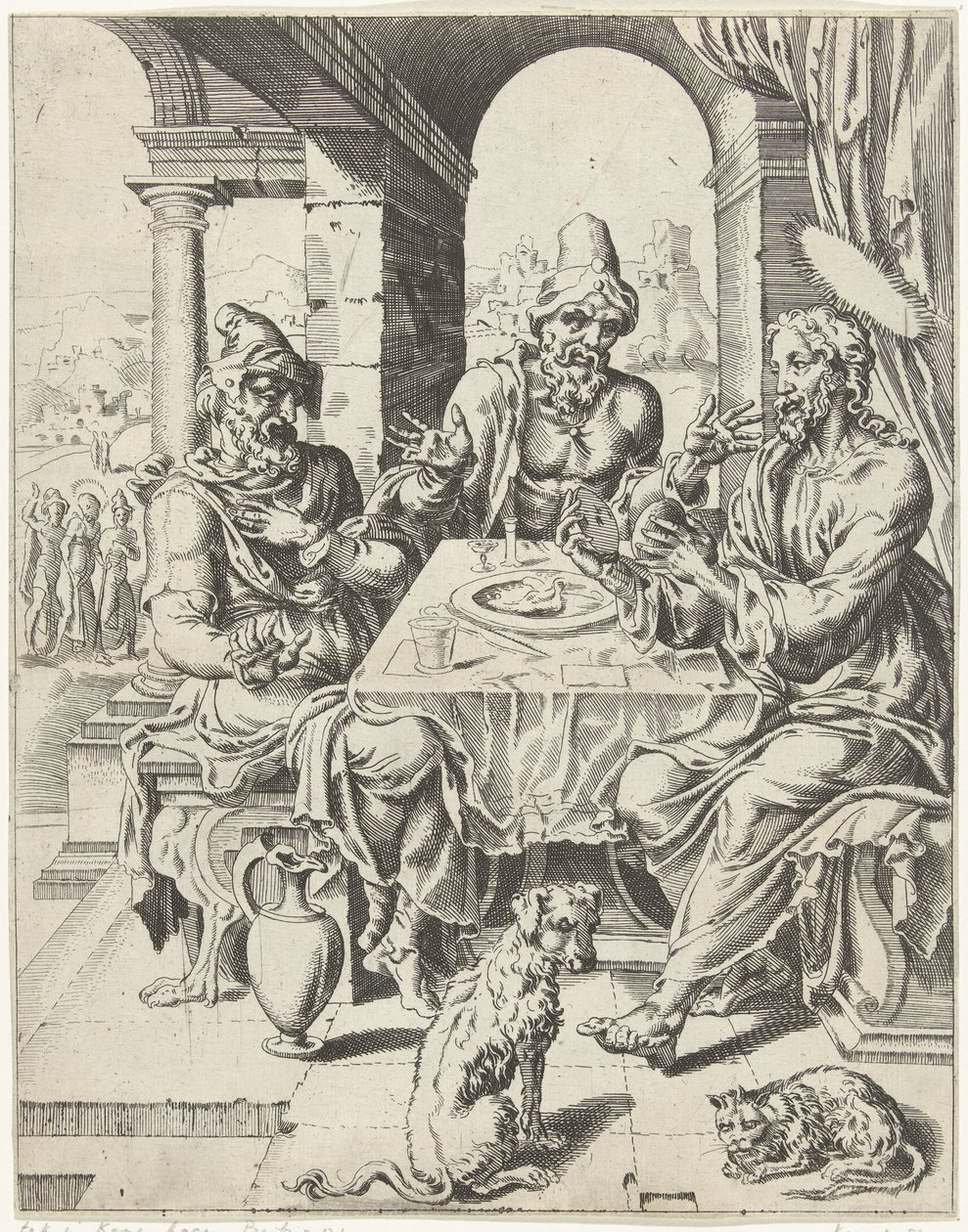 Jídlo v Emauzích Pád lidstva a vykoupení skrze život a umučení Krista (název série) od Dirck Volckertsz. Coornhert (attributed to)