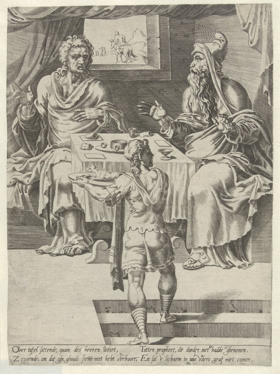 Jídlo Božího muže a starého proroka Příběh neposlušného muže Božího (název série) od Dirck Volckertsz. Coornhert (attributed to)