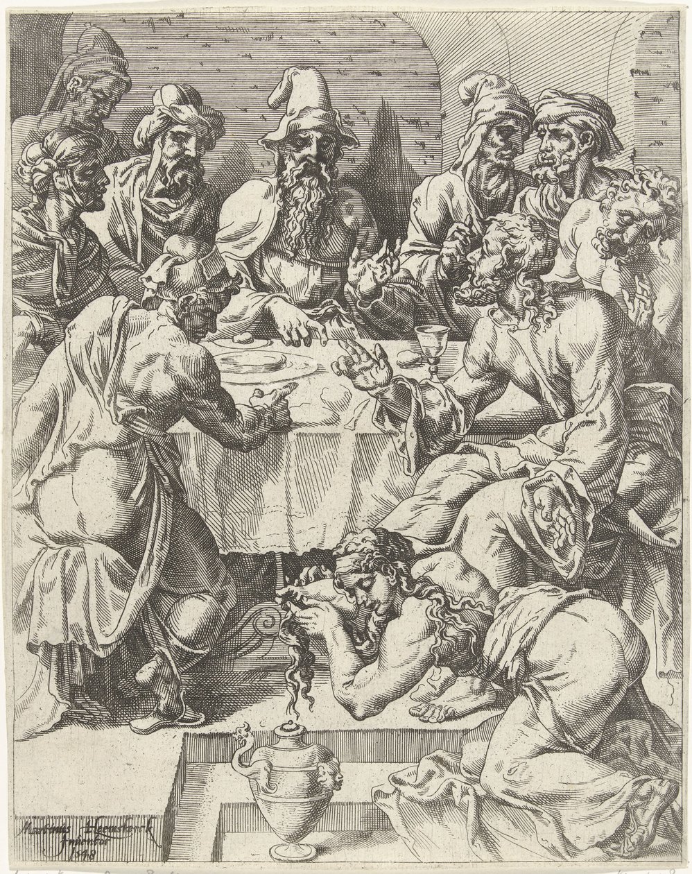 Marie Magdalena myje Kristovy nohy Pád lidstva a vykoupení skrze život a umučení Krista (název série) od Dirck Volckertsz. Coornhert (attributed to)