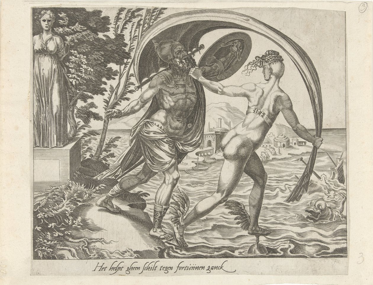 No Shield Protects against Misfortune; The Greater your Fortune, the Bigger your Sorrows Men kan zich niet verdedigen tegen het lot Het helpt gheen schilt tegen fortuinen ganck (title on object) Spreekwoorden over Fortuna (series title)   1362487   cs      od Dirck Volckertsz. Coornhert (attributed to)