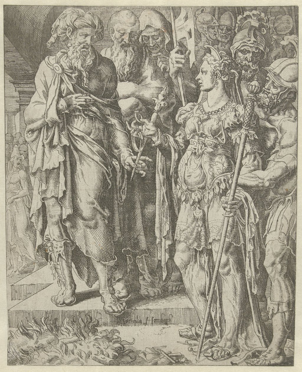 Tamar ukazuje zástavu Historie Judy a Tamar (název série) od Dirck Volckertsz. Coornhert (attributed to)